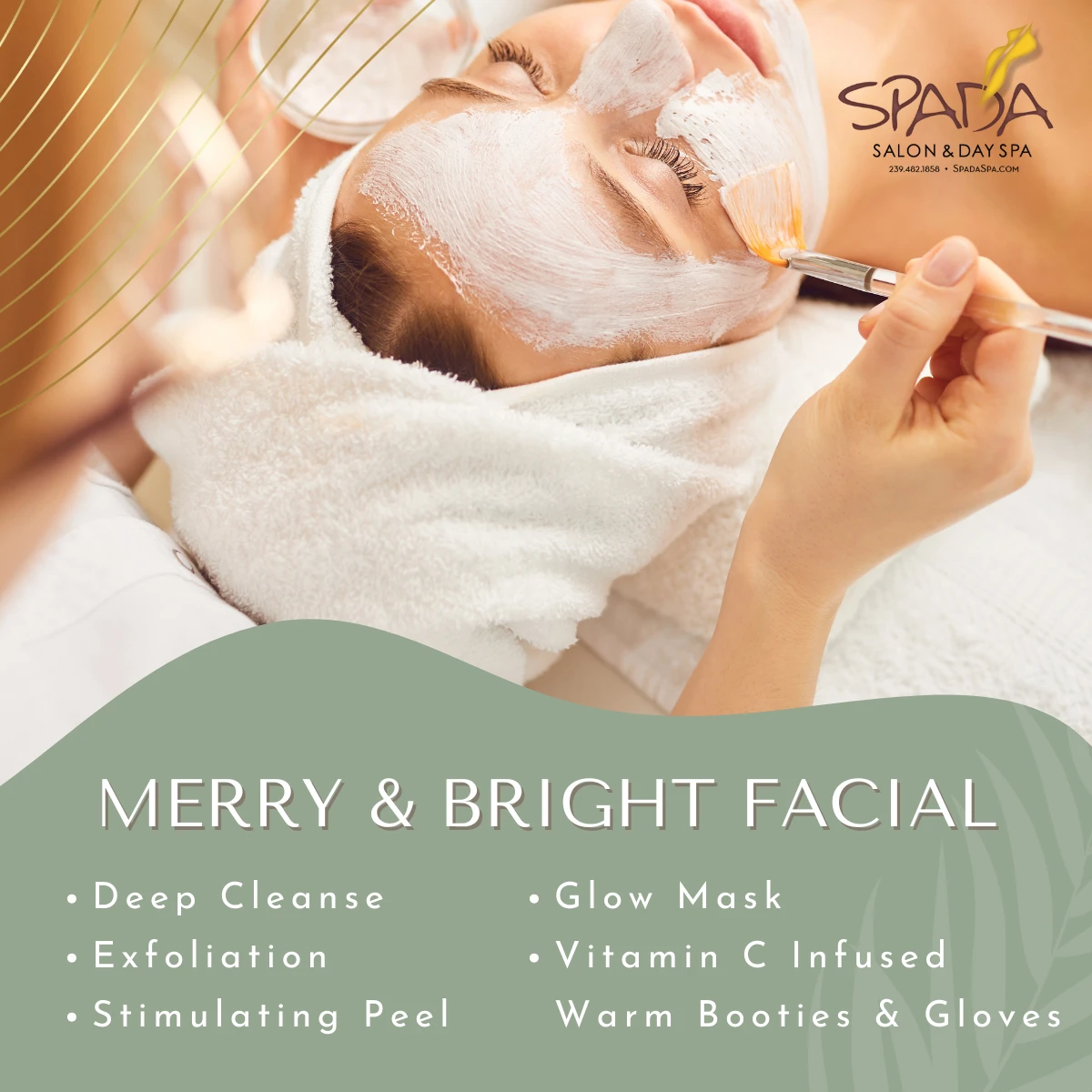 Merry & Bright Facial. Deep cleanse, exfoliation, stimulating peel, glow mask, Vitamin C infused warm booties & gloves.