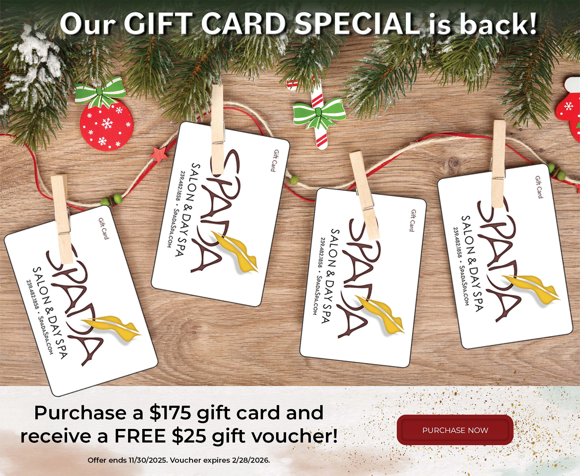 Our gift card special is back! Purchase a $175 gift card and receive a FREE $25 gift voucher! Offer ends 11/30/2025. Voucher expires 2/28/2026. Purchase now.