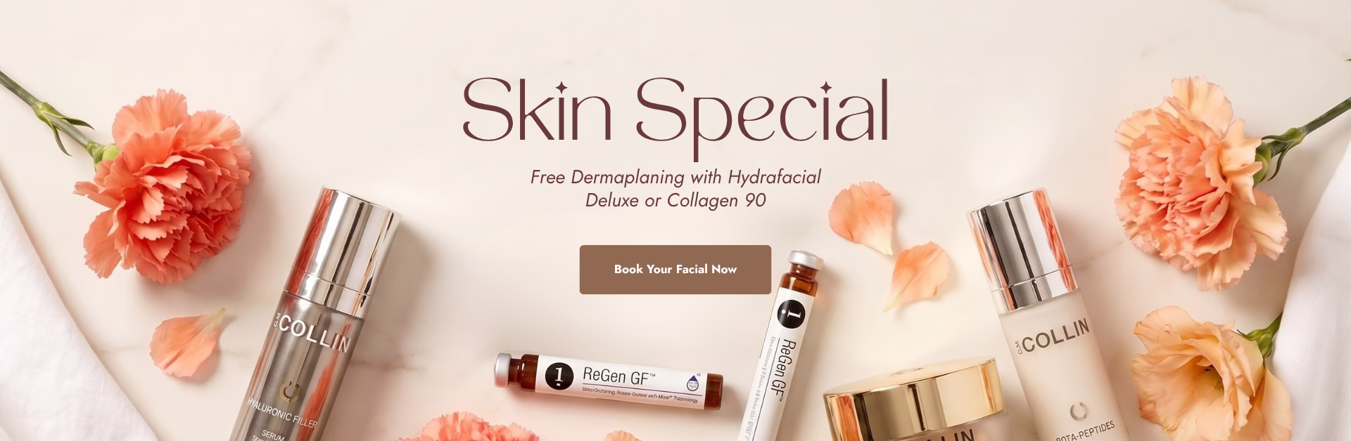 Skin Special. Free Dermaplaning with Hydrafacial Deluxe or Collagen 90. Book your facial now.
