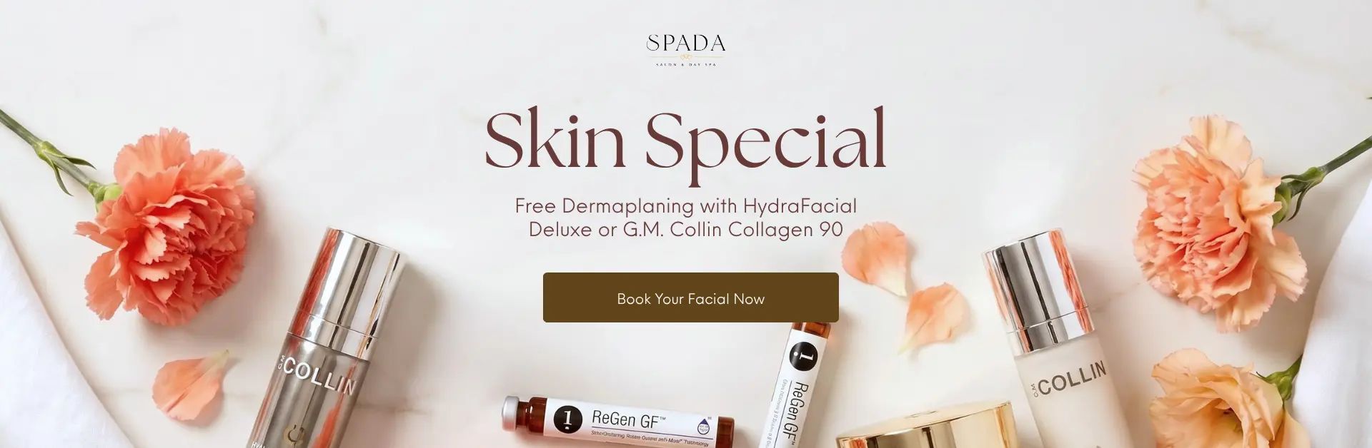 Skin Special. Free Dermaplaning with HydraFacial Deluxe or G.M. Collin Collagen 90. Book your facial now.