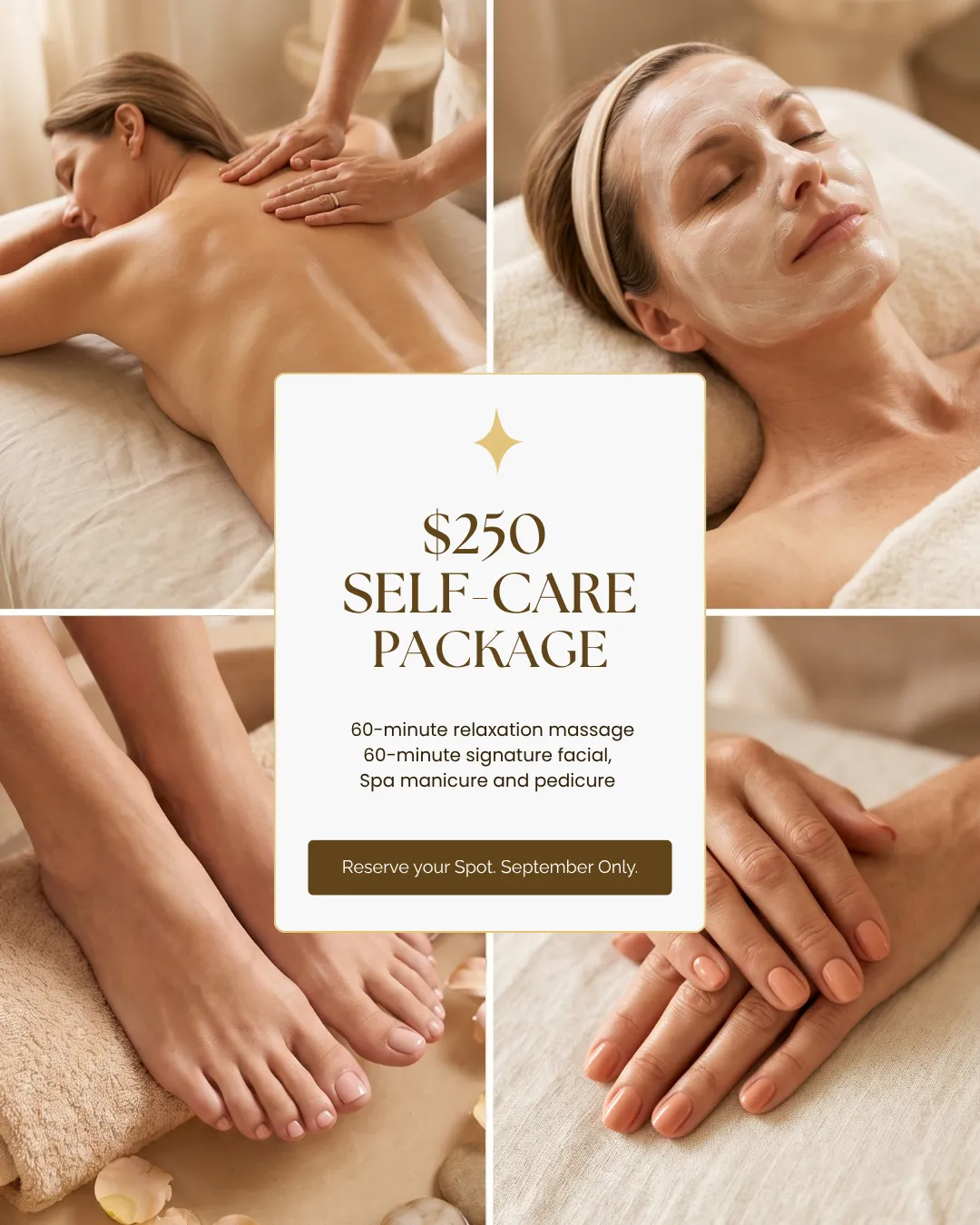 $250 Self-Care Package. 60-minute relaxation massage, 60-minute signature facial, spa manicure and pedicure. Reserve your spot. September only.