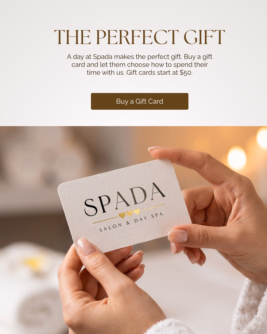 The perfect gift. A day at Spada makes the perfect gift. Buy a gift card and let them choose how to spend their time with us. Gift cards start at $50. Buy a gift card.
