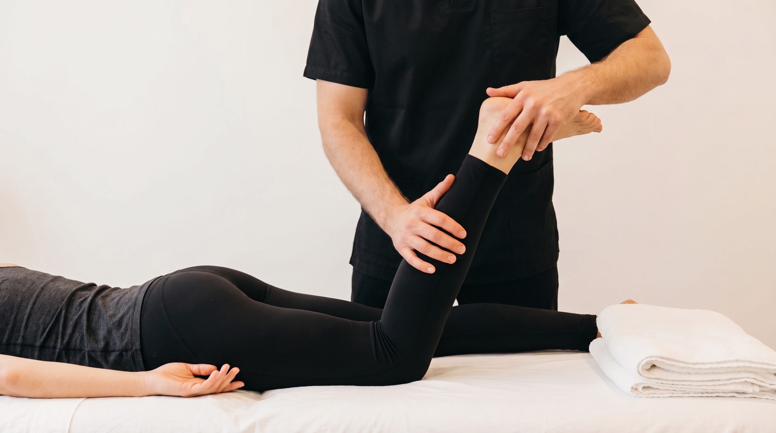 Therapist performing assisted leg strech